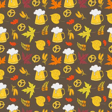 Çubuk kraker, buğday, bira cam ve sonbahar vektör Oktoberfest Dikişsiz desen beyaz zemin üzerine bırakır. Duvar kağıdı, hediye kağıt, tatil tebrik kartları için mükemmel.