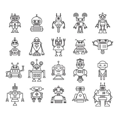 Modern robot karakter simgeler çizgi stili vektör kümesi. Düz robotlar.