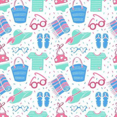 Vektör yaz plaj öğeleri seamless modeli. Flip flop, şapka, yüzme takımı, çanta, güneş gözlüğü, t-şir. Vektör çizim