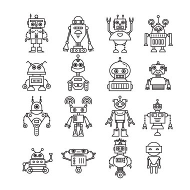 Modern robot karakter simgeler çizgi stili vektör kümesi. Düz robotlar.