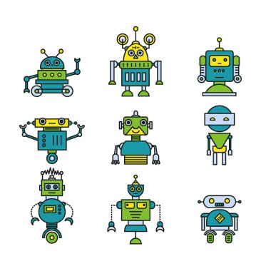 Modern robot karakter simgeler çizgi stili vektör kümesi. Düz robotlar.