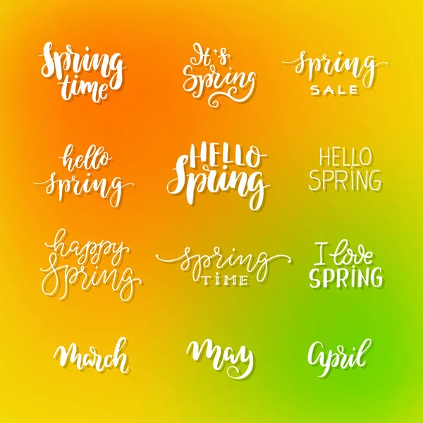 Ensemble Typographique Lettrage Vectoriel Hello Spring Calligraphie Carte Postale Poster — Image vectorielle