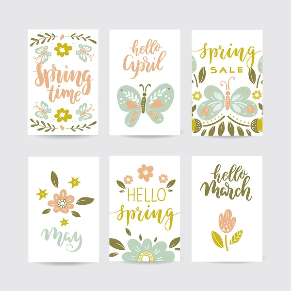 Vector Set Creative Spring Cards Hand Drawn Flowers Butterflies Lettering — Stock Vector