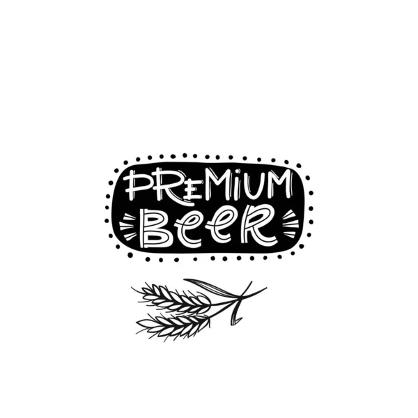 プレミアム ビールの記号とコムギの小穂をレタリングと手描きイラスト — ストックベクタ