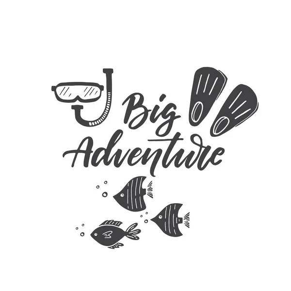 Vector Big Adventure Lettering Mask Fins Fishes Clipart Isolated White — Stock Vector