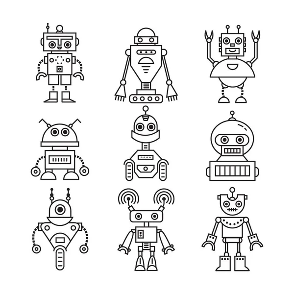 Vektor Set Moderner Roboterfiguren Symbole Zeilenstil Flachroboter — Stockvektor