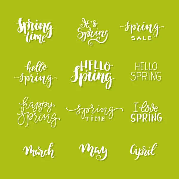 Vector Olá Primavera Lettering Tipografia Set Caligrafia Cartão Postal Poster — Vetor de Stock