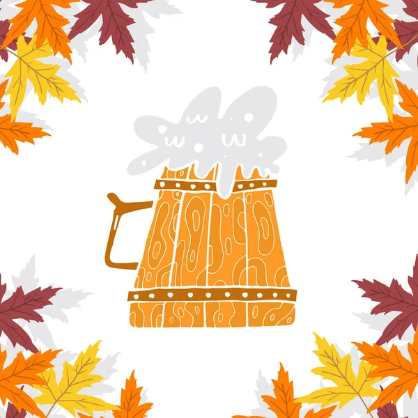 Vektorillustration Mit Bierkrügen Herbstblättern Und Oktoberfest Schriftzug Handgezeichnete Illustration Mit — Stockvektor