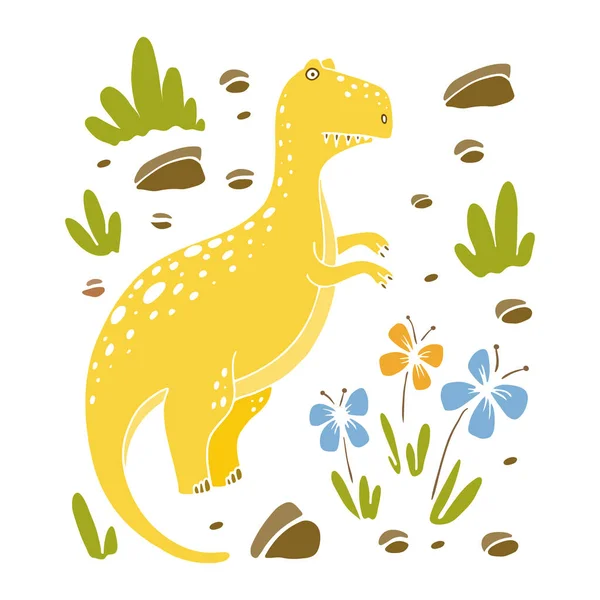 Ilustración Vectorial Con Dinosaurio Divertido Flores Estilo Dibujos Animados Tyrannosaure — Vector de stock