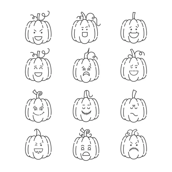 Vektor Set Von Halloween Kürbislinien Symbol Mit Gruseligem Gesicht Umrisse — Stockvektor