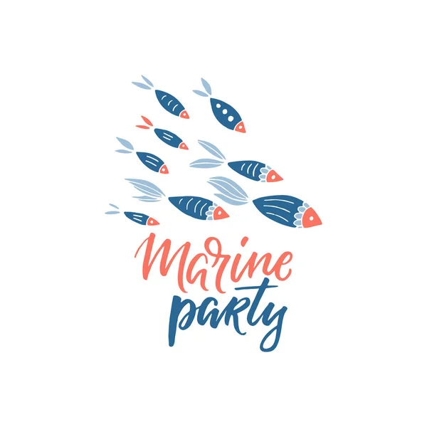 Vector Marine Party Lettering Fishes Clipart Isolated White Background — Stock Vector