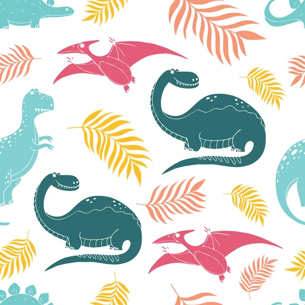 Patrón Sin Costuras Vectorial Con Dinosaurios Divertidos Estilo Dibujos Animados — Vector de stock
