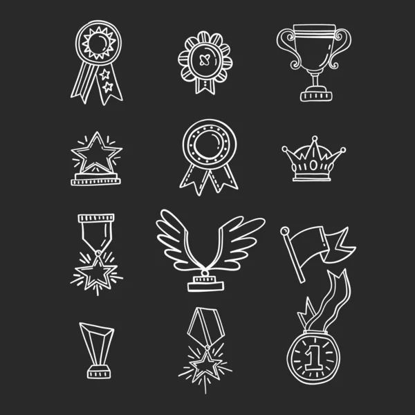ベクトルの背景に分離されたトロフィー メダル カップ 賞のアイコン セット 手描きのアウトラインのスタイル — ストックベクタ