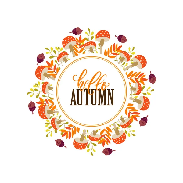 Vektor Herbstkranz Mit Pilzen Eicheln Und Blättern Auf Weißem Hintergrund — Stockvektor