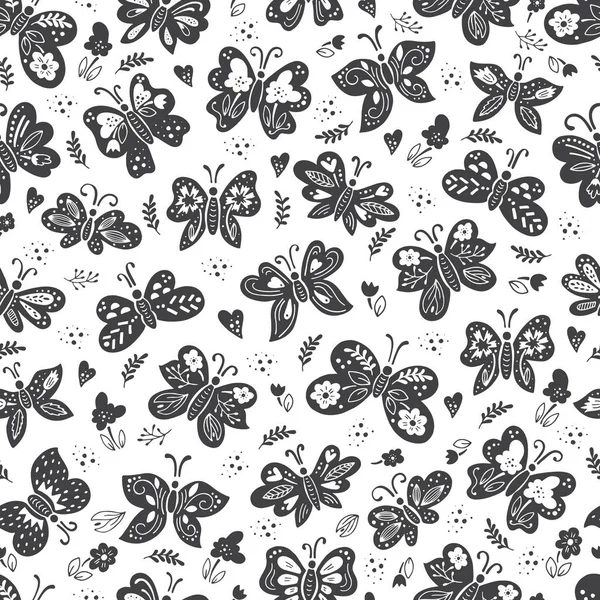 ベクトル蝶春パターン 昆虫や花のシームレス背景 — ストックベクタ