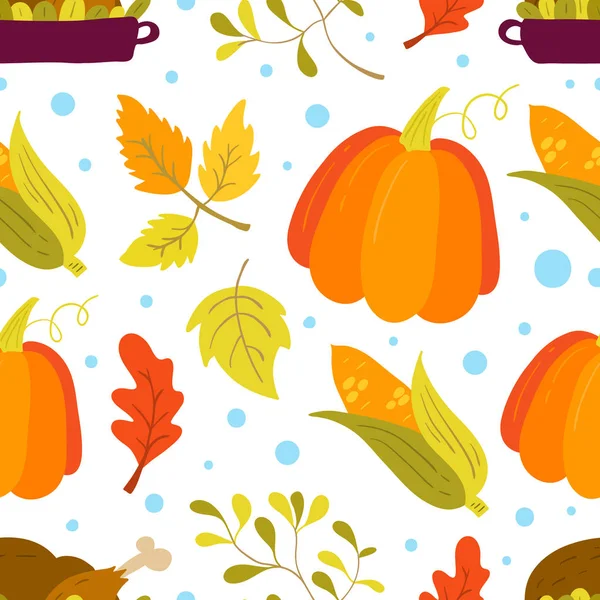 Vector Seamless Pattern Pumpkin Corn Turkey Oak Leaves White Background — Stock Vector