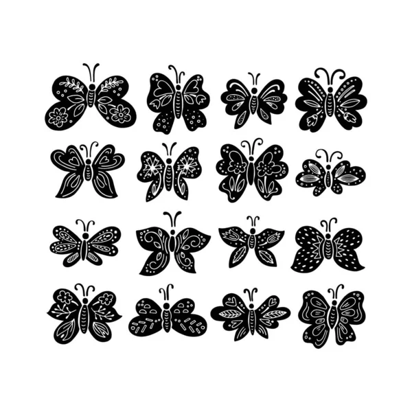 Vektor Set Von Handgezeichneten Schwarzen Und Weißen Schmetterlingen Isoliert Auf — Stockvektor