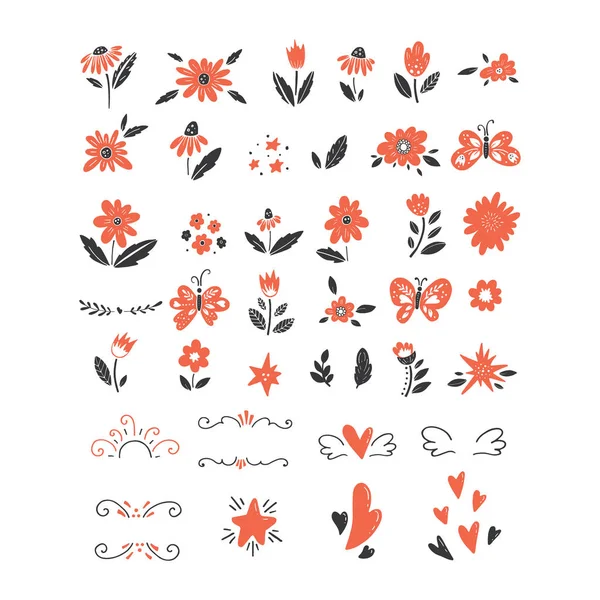 Vector Gran Conjunto Clipart Flores Mariposas Estrellas Corazones Hojas Ramas — Vector de stock