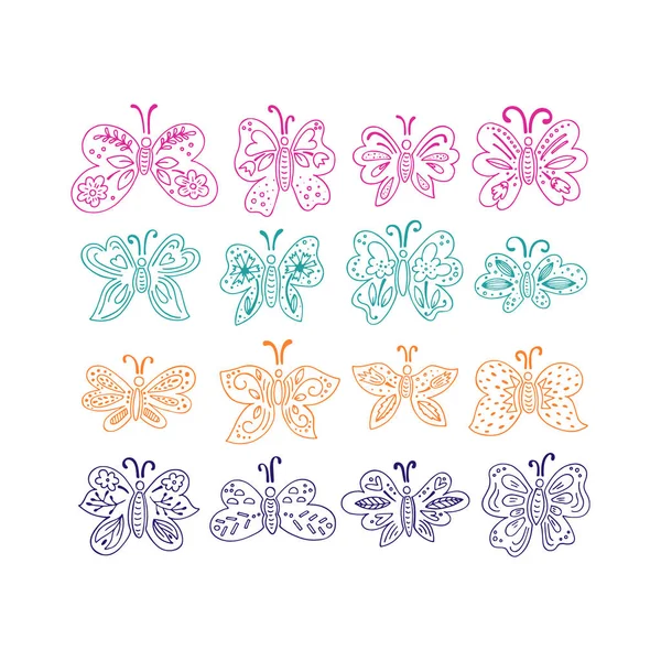 手のベクトルを設定には 白い背景で隔離のカラフルな蝶が描かれています あなたの設計のための春の花入りかなりベクトル蝶 — ストックベクタ