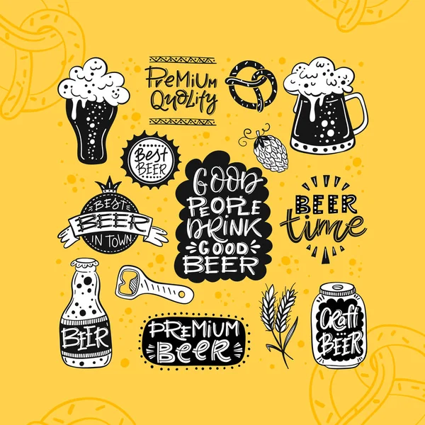 Colección Vectorial Ilustraciones Garabatos Relacionadas Con Cerveza Clipart Para Etiqueta — Archivo Imágenes Vectoriales