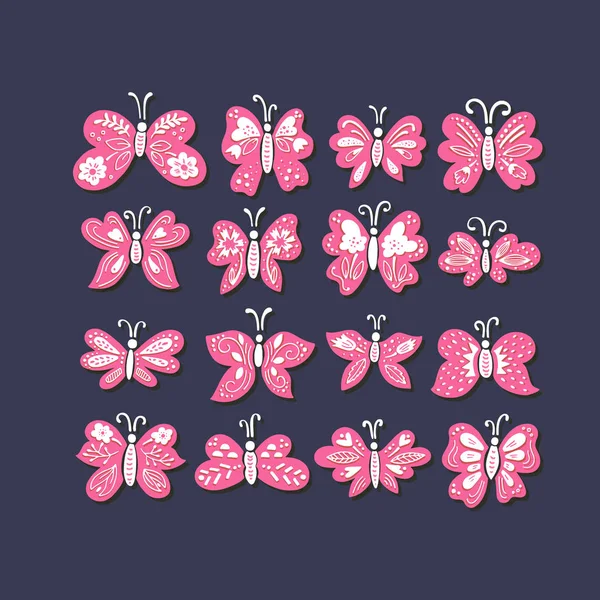 手のベクトルを設定には 背景に分離されたカラフルな蝶が描かれています あなたの設計のための春の花入りかなりベクトル蝶 — ストックベクタ