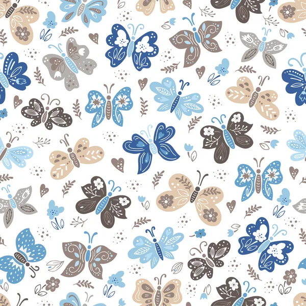 Vector Butterflies Spring Pattern Insects Flowers Seamless Background — Stock Vector