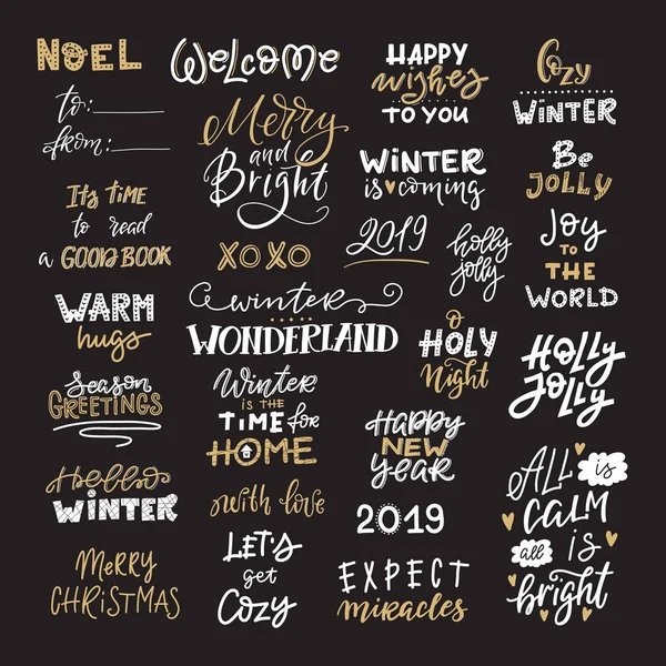 Векторные Зимние Надписи Ручная Рисованная Фраза Цитаты Счастливого Рождества Новым — стоковый вектор