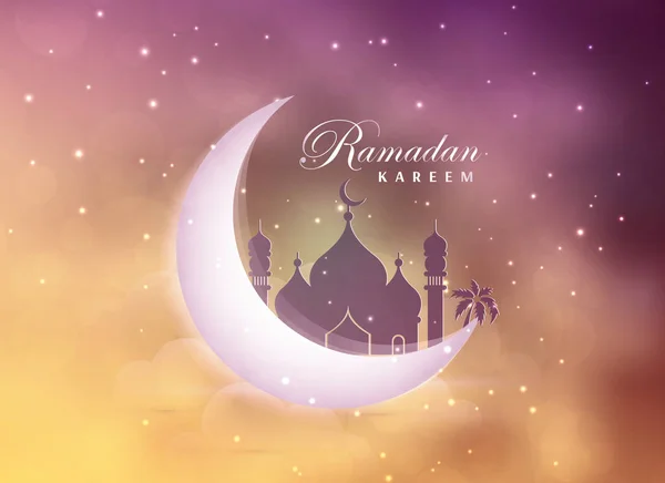 ベクトル図ラマダンカリーム グリーティング カード モスク 大きな月 ヤシの木 夜の空 ラマダン カリーム背景 — ストックベクタ