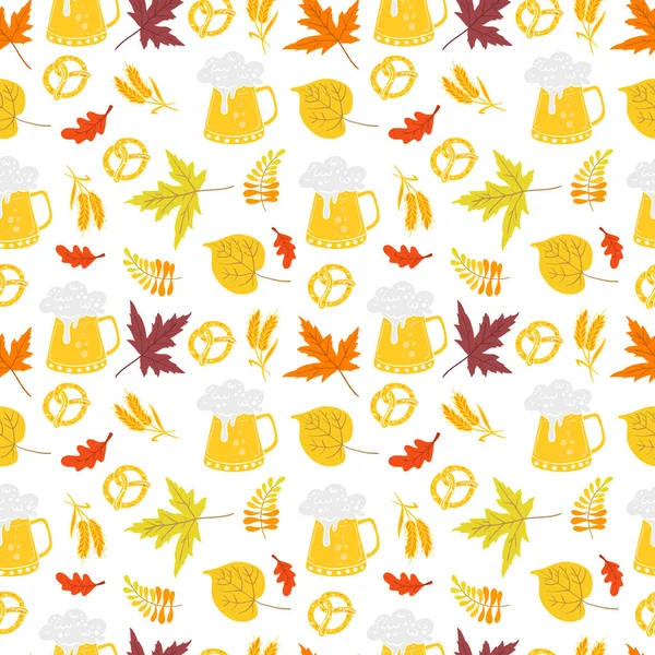 Vektor Oktoberfest Nahtloses Muster Mit Brezel Weizen Bierglas Und Herbstblättern — Stockvektor