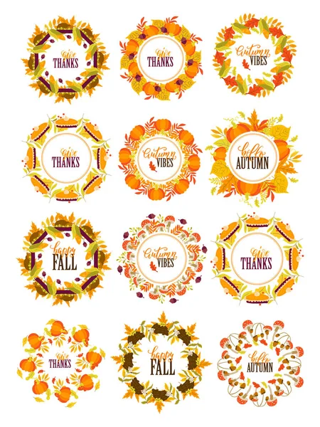 Vector Big Set Autumn Wreath Borders Pumpkins Mushrooms Hedgehog Turkey — Stock Vector