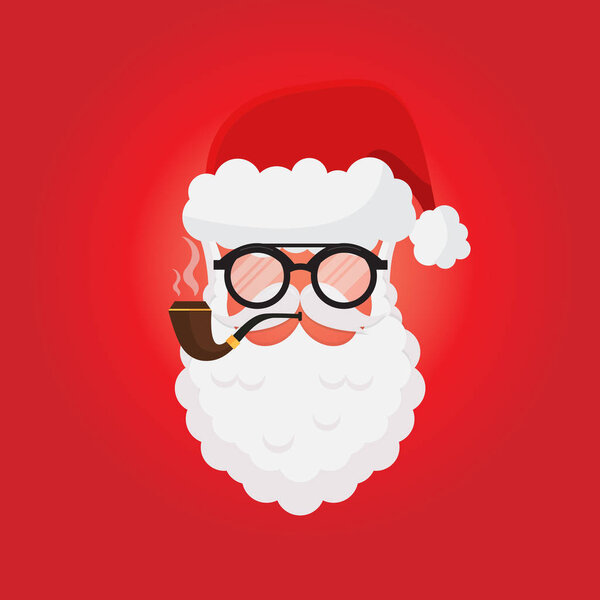 Vector Santa Claus, hat, glasses, pipe and beard. Hipster Santa. Happy New Year and Christmas greeting card