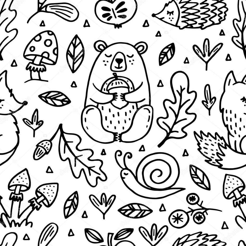 Vector seamless pattern with  cute autumn cartoon characters, plants and fruits. Fall season. Forest animals. Collection of doodle outline  elements for coloring book, children design.