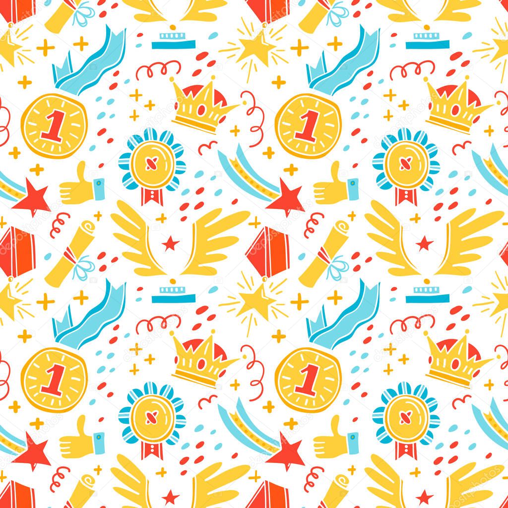 Vector seamless patterns with trophy, medals, cups and awards icons. Handdrawn doodle style.