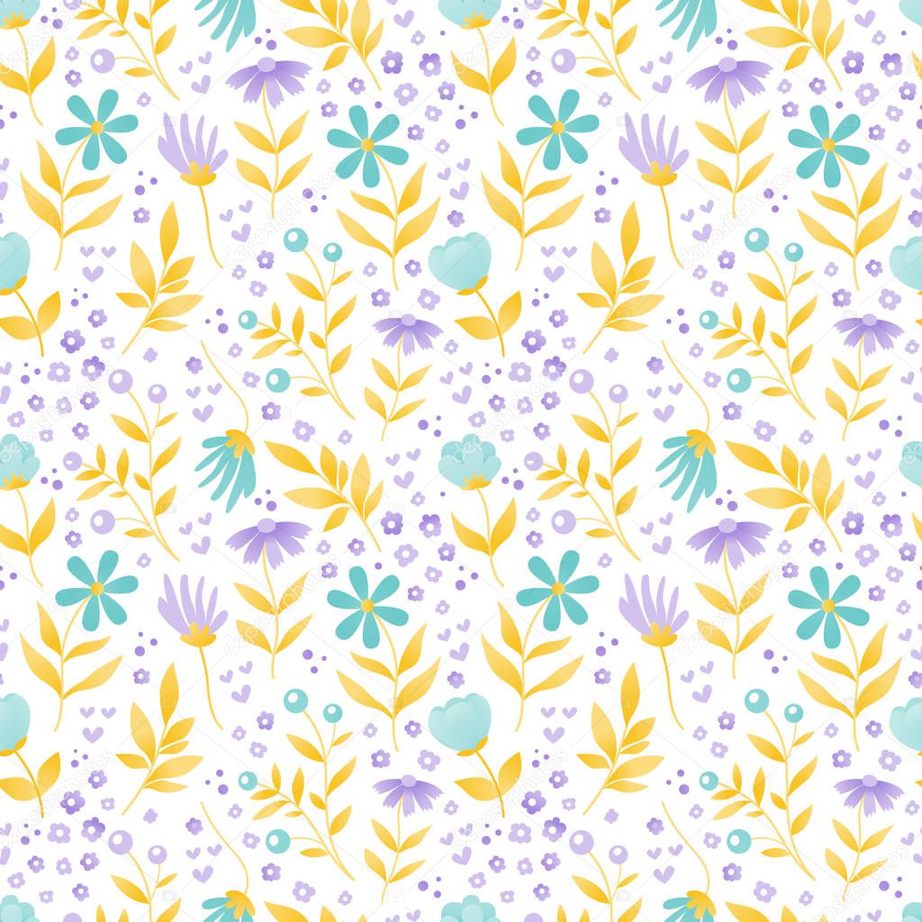 Set of seamless vector floral patterns, spring/summer backdrop. Hand drawn surface pattern design with flowers in garden. Seamless texture perfect for wallpapers,web backgrounds, surface textures.