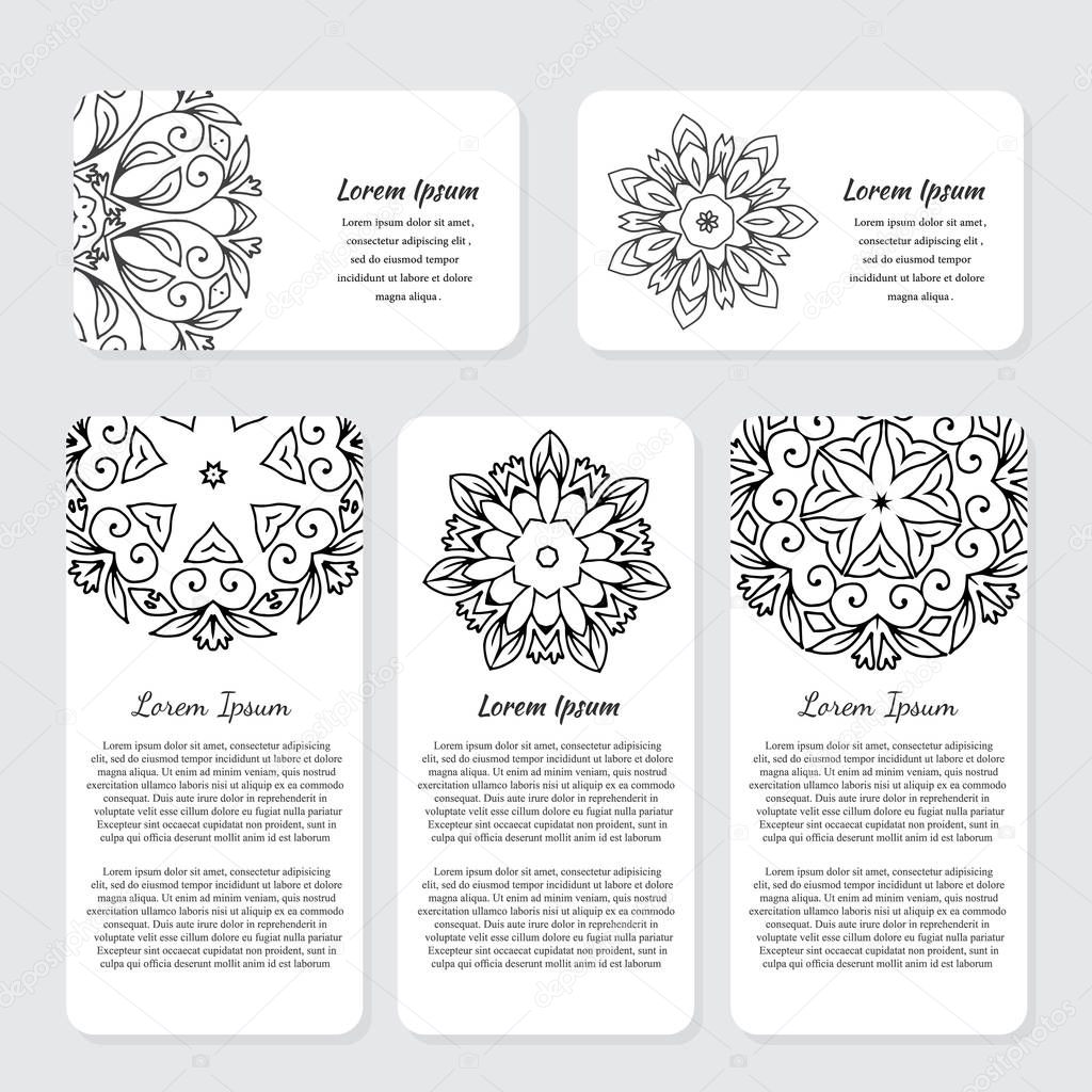 Vector set of vintage visiting card with outline mandala design. Floral mandala pattern and ornaments. Islam, Arabic, Indian, ottoman motifs. Front page and back page.