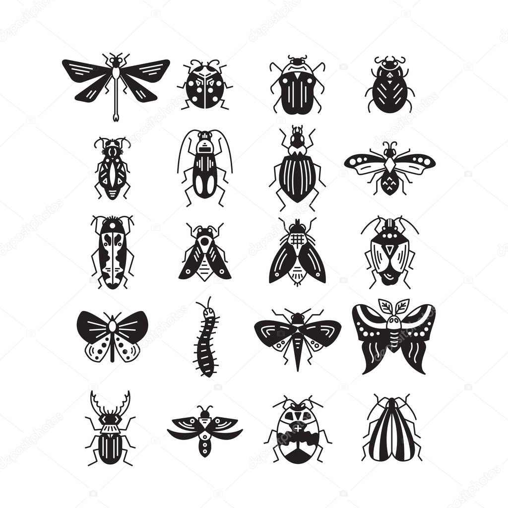 Vector line collection of insects and bugs made in modern flat style. 