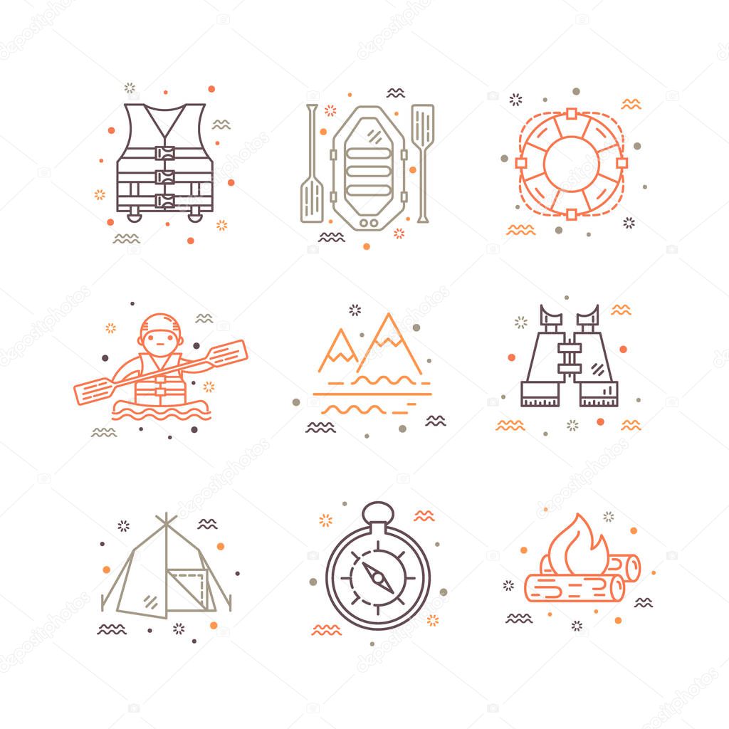 Vector set of Rafting equipment line icons isolated. Outdoors style, thin line design. Stylish elements for web, mobile applications, banners, flyers, posters, brochures. 