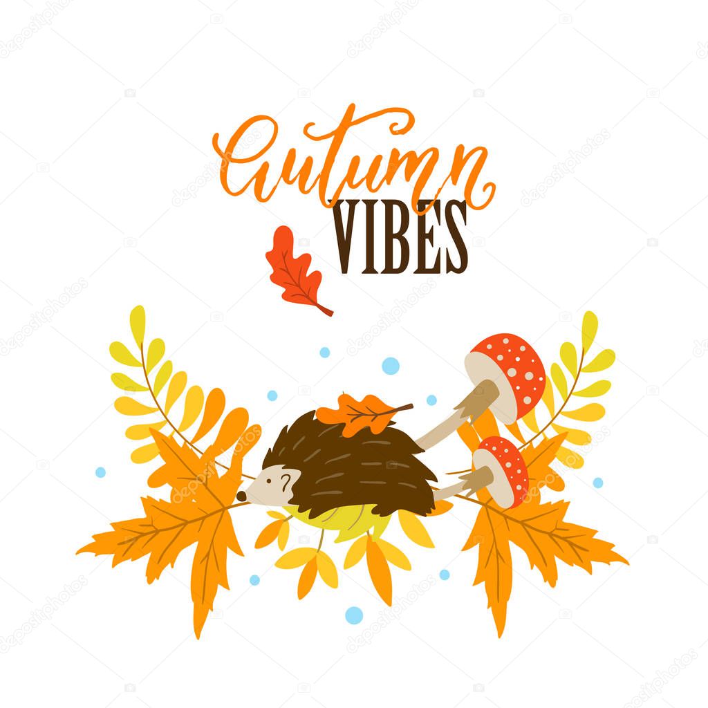 Vector Autumn greeting card with hedgehog, marple leaves  on white background. Perfect for holiday invitations