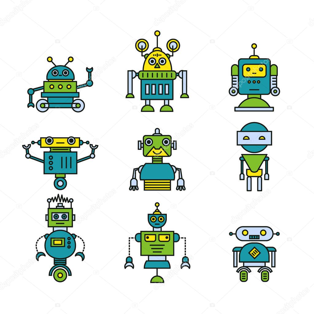 Vector set of modern robot character icons line style. Flat robots.