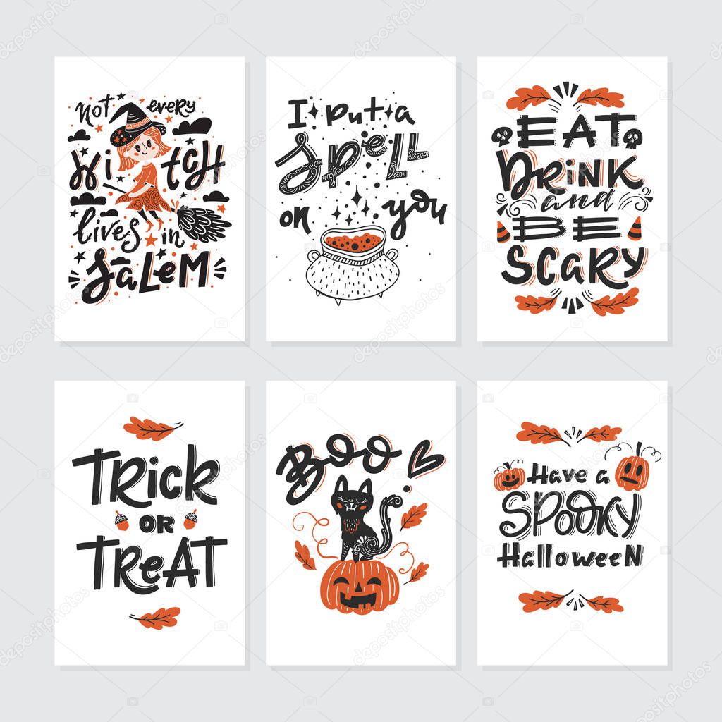 Vector Halloween greeting cards set with handwritten lettering and traditional symbols. Collection with pumpkins, cat, skulls, bats, witch, broom, candys. Perfect for party invitation.