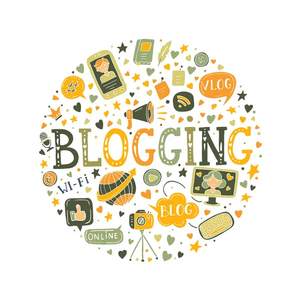 Vector bloggen doodle illustratie, met de hand getekend blogging elementen — Stockvector