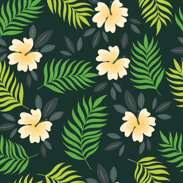 Maravillosas hojas tropicales de palma y flores — Vector de stock