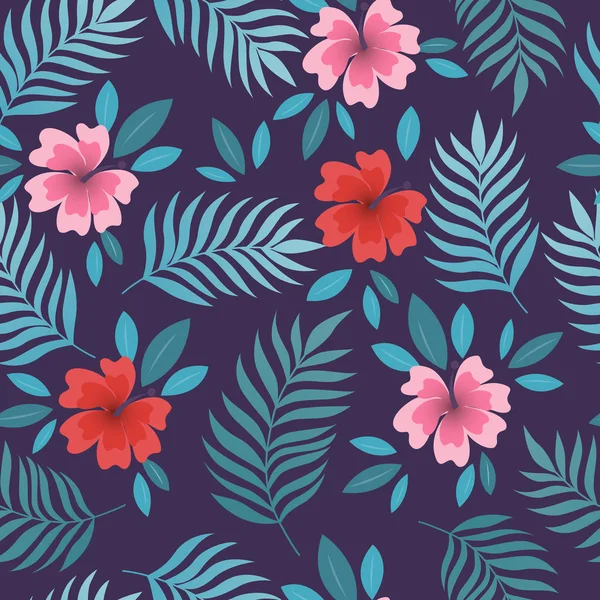 Maravillosas hojas tropicales de palma y flores — Vector de stock