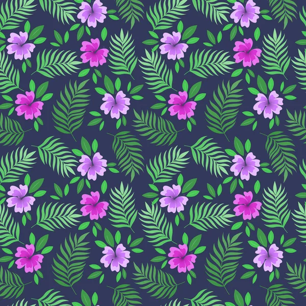 Motif tropical sans couture feuilles de palmier et fleur — Image vectorielle