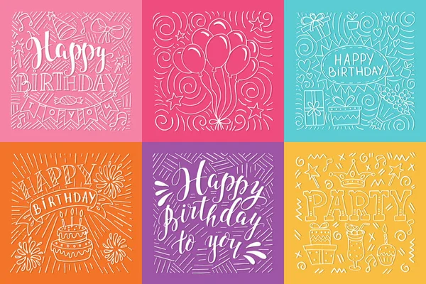 Feliz aniversário ilustração vetorial doodle em fundo colorido — Vetor de Stock