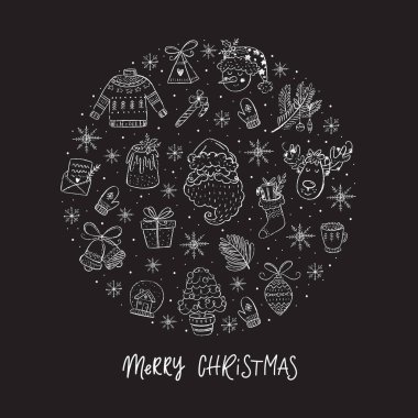 Daire şeklinde yapılmış vektör Noel mevsimi simgeleri. Tebeşir tahtası etkisi. Noel Baba, ren geyiği, kardan adam, şirin Noel süsleri. Tebrik kartı, Koleksiyon Defteri, Bilgi Grafikleri.