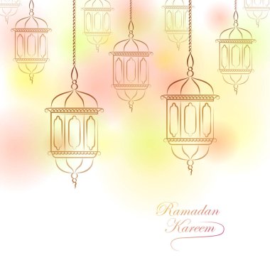 Vektör tebrik kartları, Ramazan dilekleri için klasik fenerler. Arap lambaları. Doğu tarzında altın bir dekor. İslami geçmiş. Ramazan Kareem posteri..