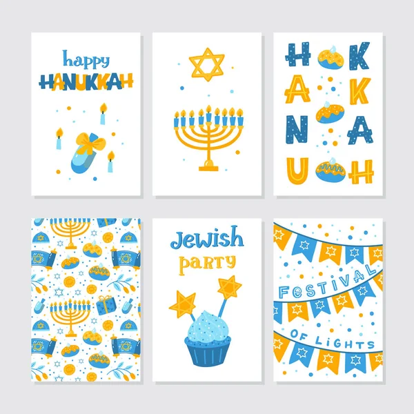 Conjunto Vectorial Tarjetas Felicitación Para Hanukkah Con Letras Navideñas Elementos — Vector de stock