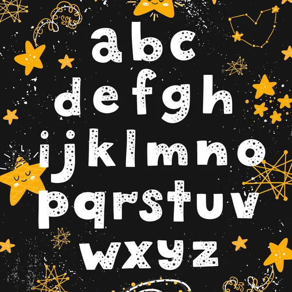 Alphabet Spatial Vectoriel Pour Les Enfants Noir Lettres Étoiles Lettres — Image vectorielle