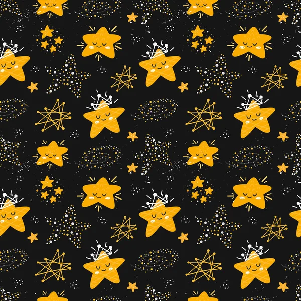 Vector Seamless Patterns Cute Cartoon Characters Stars Space Star Crown — Stock Vector